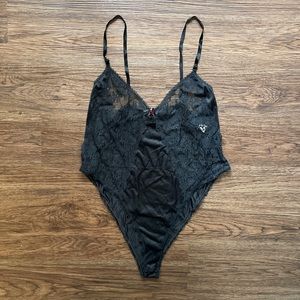 Vtg Kayser Black Nylon Lace Teddy Bodysuit Lingerie Sz 36 Snap Crotch